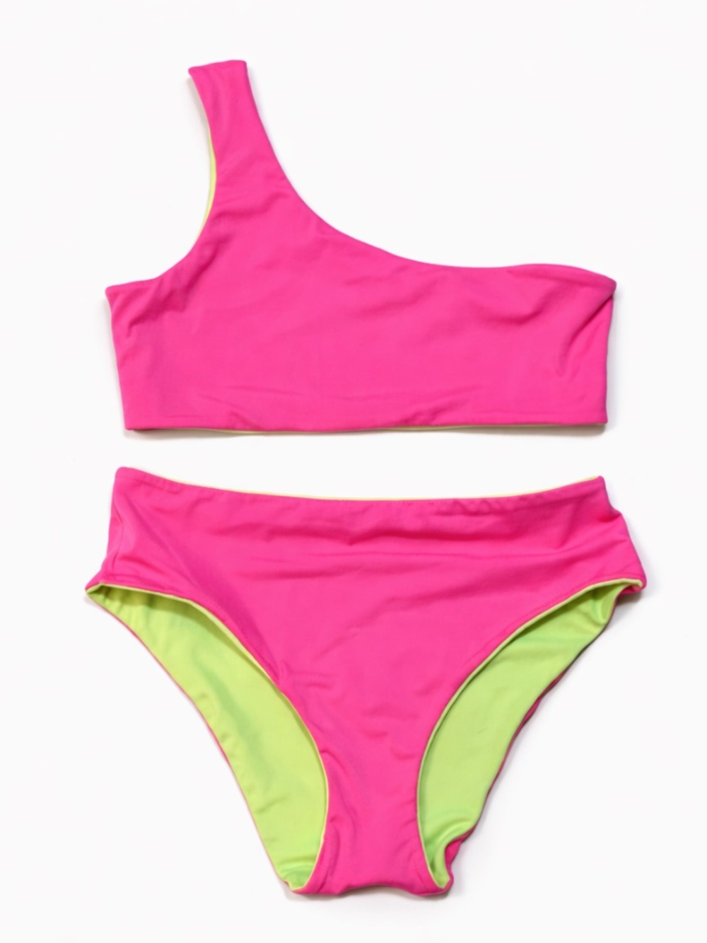 4/$20➡️ Hot Pink & Lime Green Reversible One Shoulder Bikini – Size Large EUC